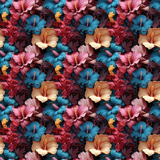 3D patroon bloemenillustratie van romantische donkere turkooise roze en paarse hibiscusbloemen