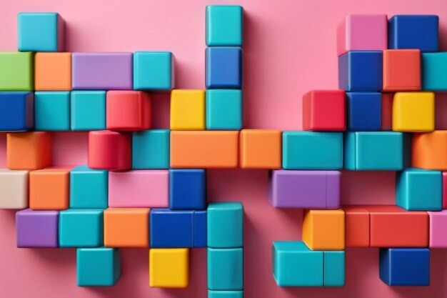 3d pattern of colorful toy blocks flat laid against pink background