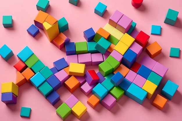 3d pattern of colorful toy blocks flat laid against pink background