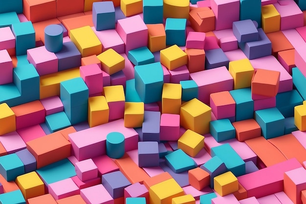 3d pattern of colorful toy blocks flat laid against pink background