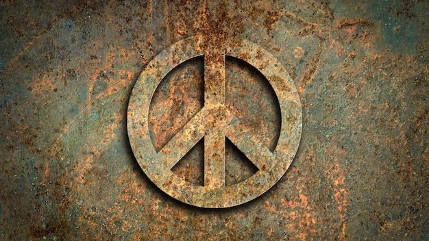 写真 さびた金属の背景に戦争の概念のない3d平和のシンボル