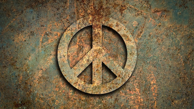 3D peace symbol with on a rusty metal background no war concept