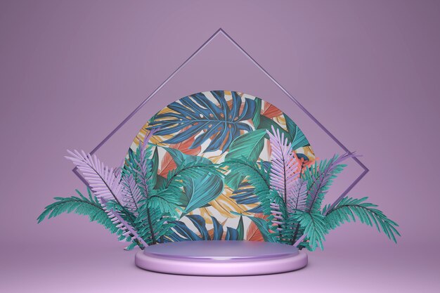 이국적인 야자수 잎이있는 3D 받침대 디스플레이