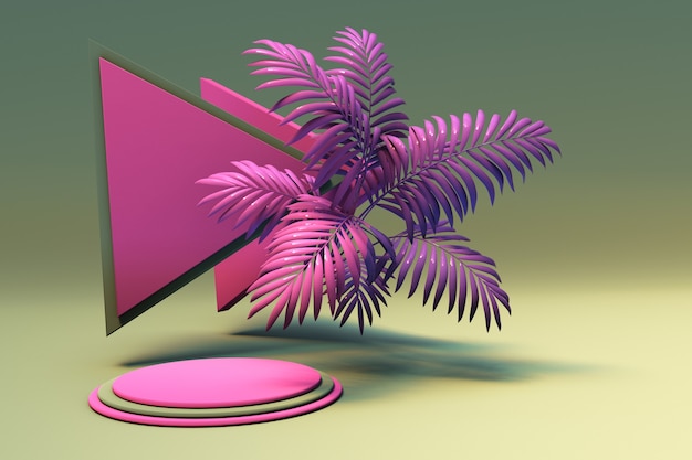 3d pedestal display with exotic pink palm green background with round podium and triangle shape