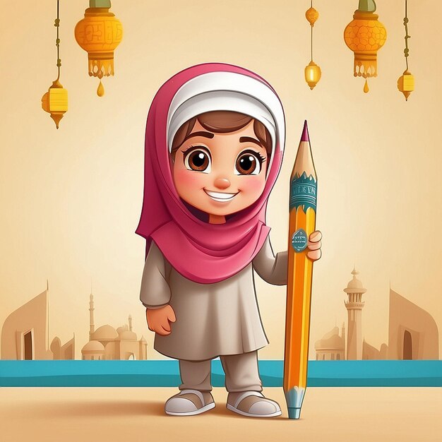 3d pencil and Muslim characters