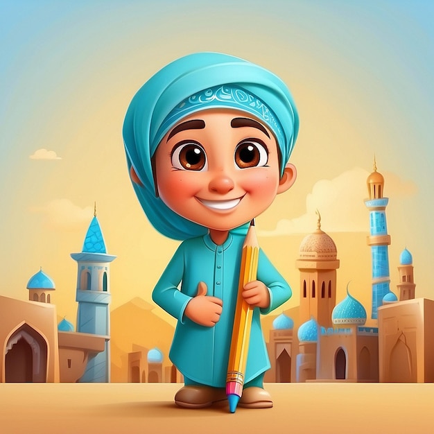 3d pencil and Muslim characters