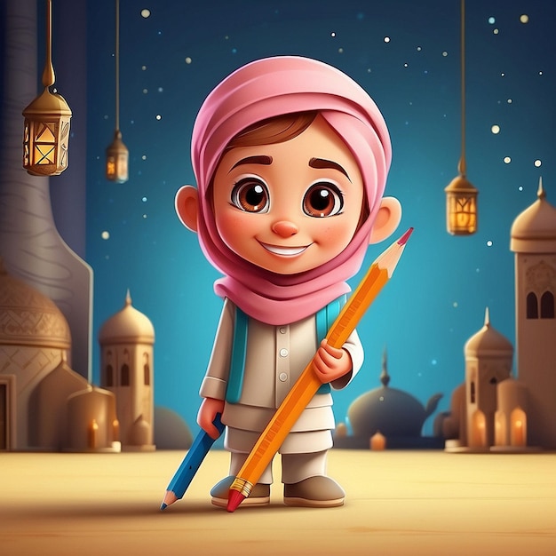 3d pencil and Muslim characters