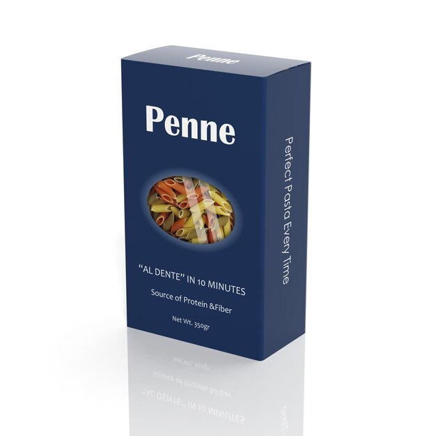 Photo 3d penne pasta paper package isolated on white