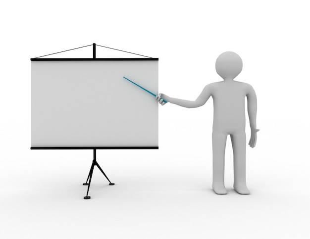 Photo 3d people - human character - person presenting at a flip-chart.