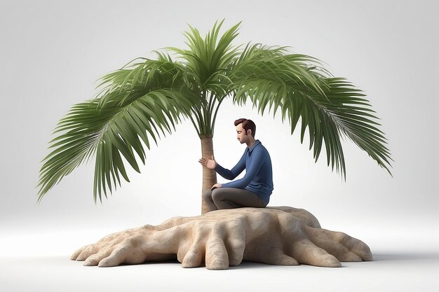 3d people human character sitting on a palm This is a 3d render illustation