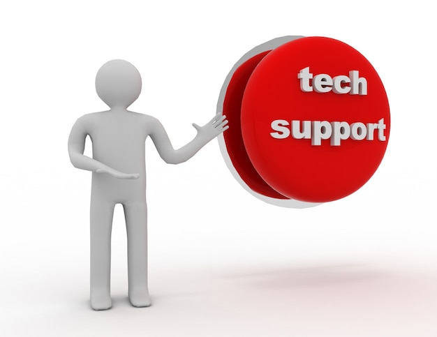 3d people - man, person and a button with text " tech support"