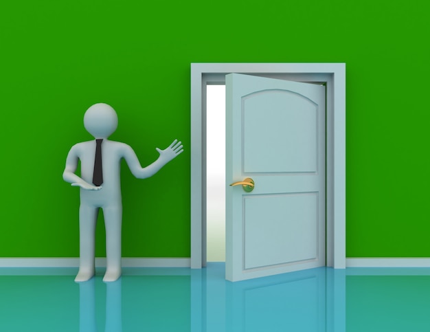 3D люди - мужчина, человек и открытая дверь