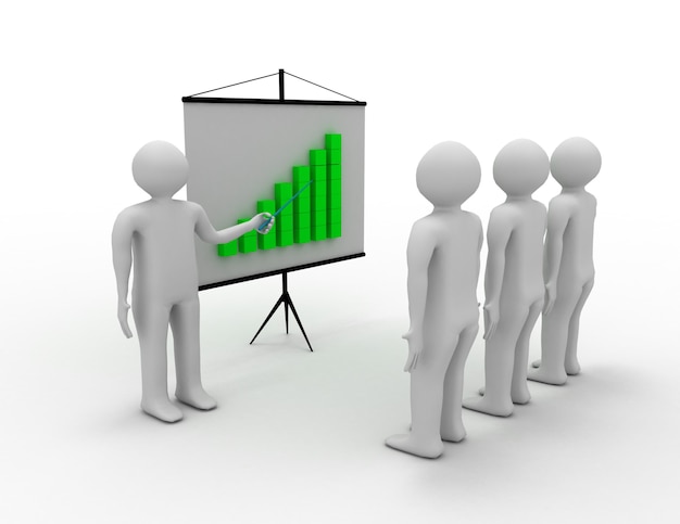 3d people - men, person presenting at a financial chart. Leadership and team.