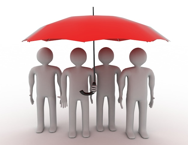 Foto persone 3d - uomini, persona sotto un ombrello. leadership e squadra