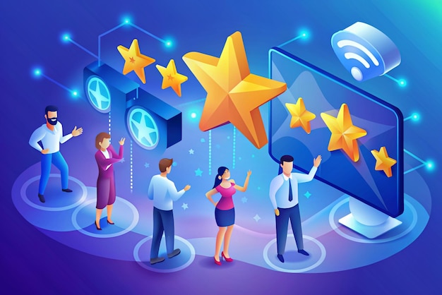 3d people with stars consumer or customer feedback score satisfaction level and criticism concept online feedback survey or review concept trendy and modern vector in 3d style
