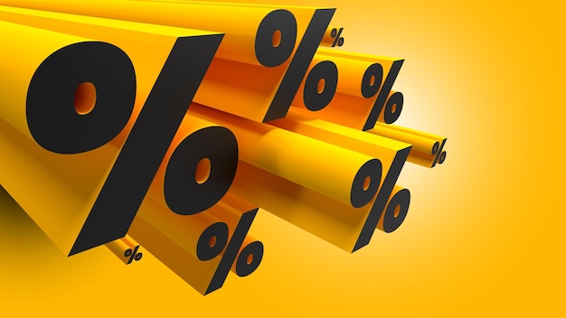 3d percent signs Clean yellow background copy space