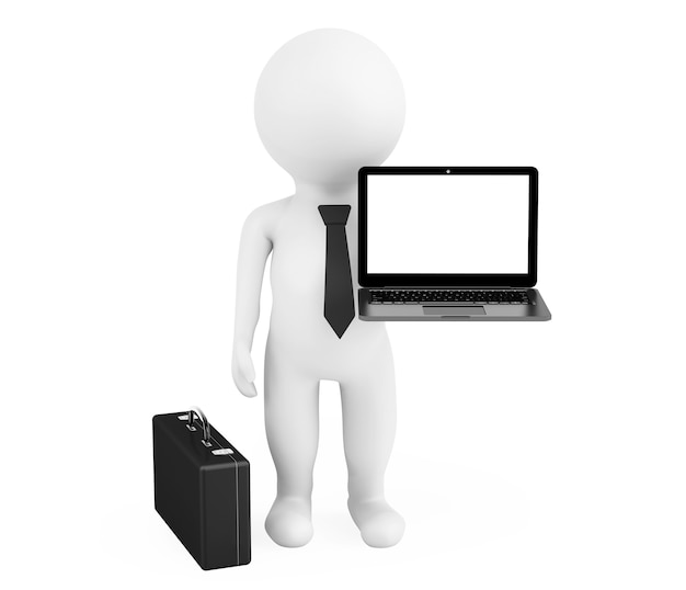 3d person businessman with modern laptop on a white background