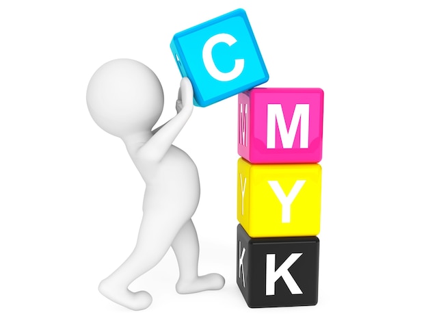 3D человек, размещающий кубики CMYK на белом фоне