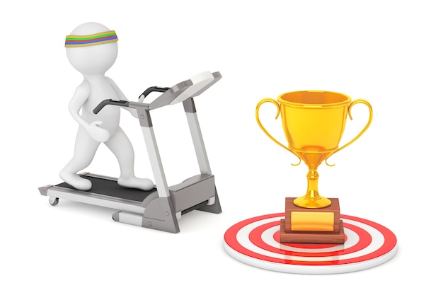 3D Person Running on a Treadmill to Large Golden Trophy in front on a white background. 3d Rendering