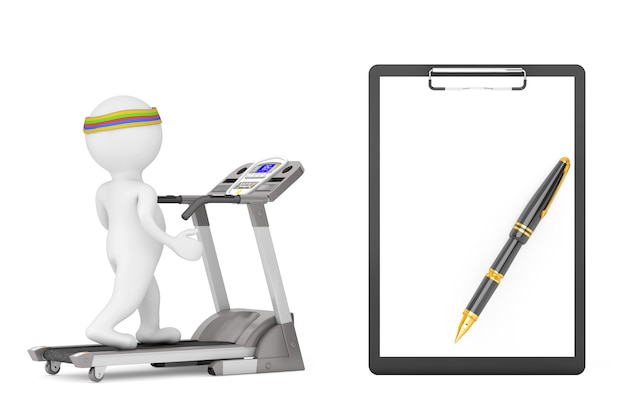 3d Person over Treadmill in front of Clipboard with Blank Paper on a white background. 3d Rendering