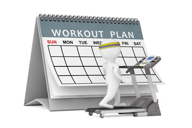 3d person over treadmill in front of workout plan on a white
background. 3d rendering