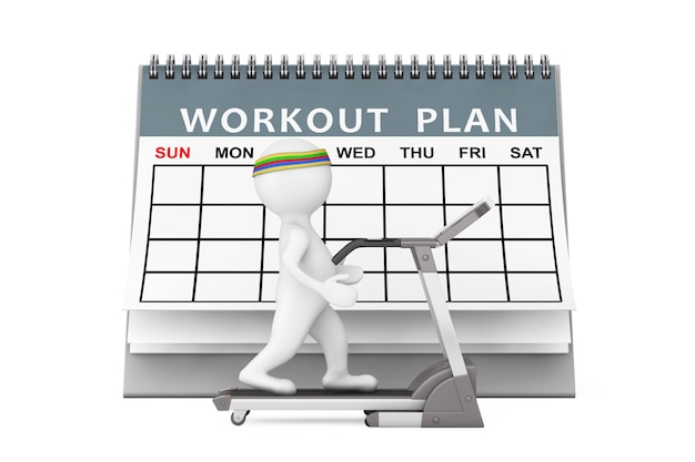 3d Person over Treadmill in front of Workout Plan on a white background. 3d Rendering