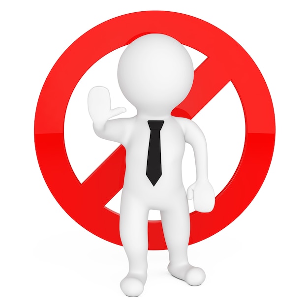 3d Person with Red Stop Warning Sign on a white background. 3d Rendering.