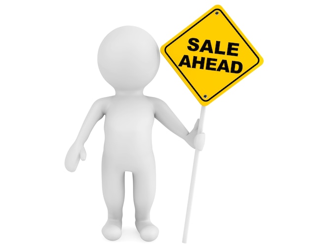 3d person with Sale Ahead traffic sign on a white background