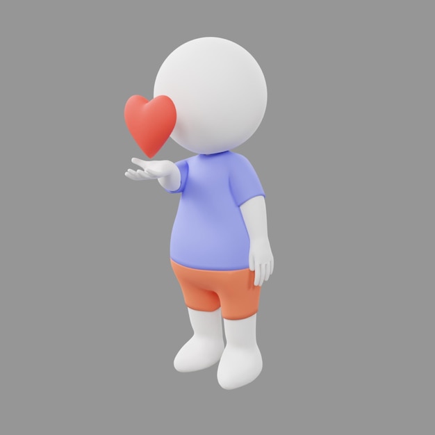 3D-personage blaast hart in en uit als een teken van liefde