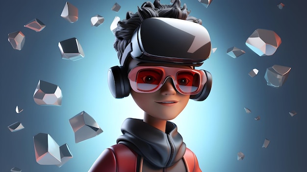 3D-personage die een digitale wereld verkent met een virtual reality bril