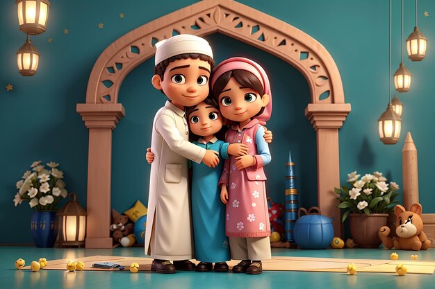 3D-personage familie knuffelen op Eid Mubarak