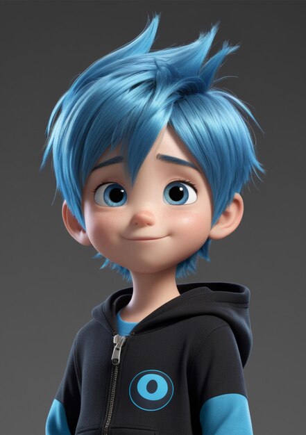 Foto 3d personage jongen met blauw haar in een zwart ritsjas