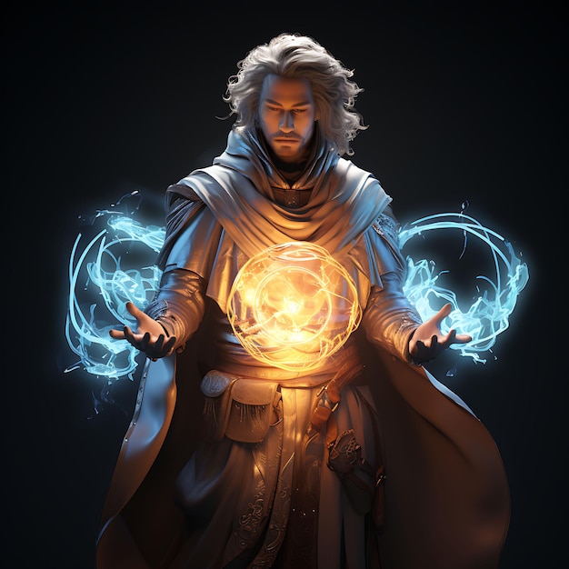 Foto 3d-personage mannelijke elementale ethereal glowing met een orb elemental mag game asset design art