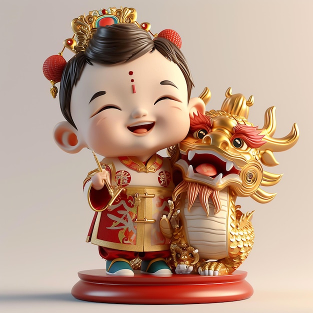 Foto 3d personage super schattige jongen zit op de rug van een chinese goddelijke draak rood en goud gelukkige studio verlichting