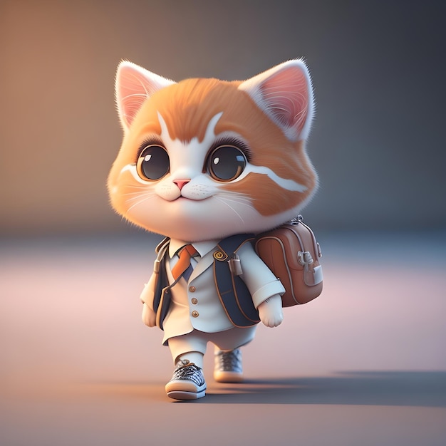 3D-personage van een kleine kat die een volledig schooluniform draagt