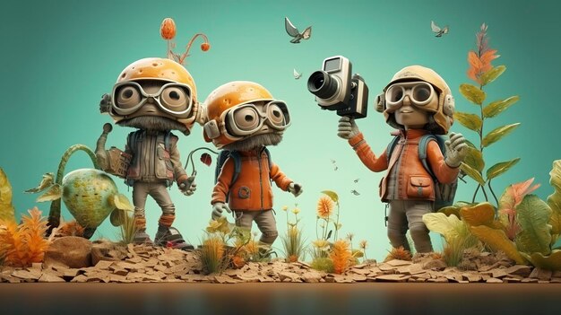 Foto 3d-personages die de natuur verkennen met een digitale camera