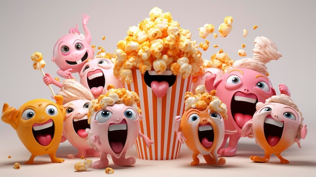 3D-personages die deelnemen aan popcornspellen