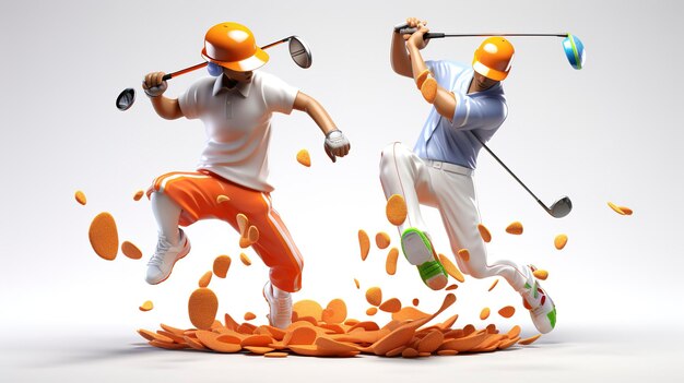 3D-personages die golfknuppels zwaaien