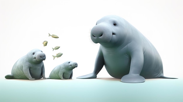 3D-personages die lamantijnen en dugongs observeren