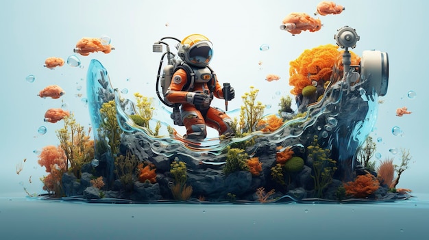 3D-personages die onderwaterlandschappen vastleggen