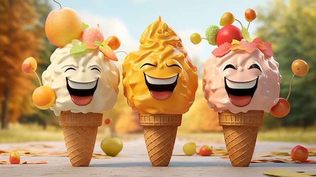 Foto 3d-personages genieten van ijs met herfstgeur