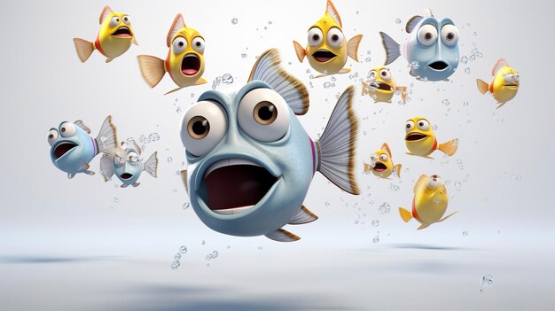 Foto 3d-personages zwemmen met scholen vissen