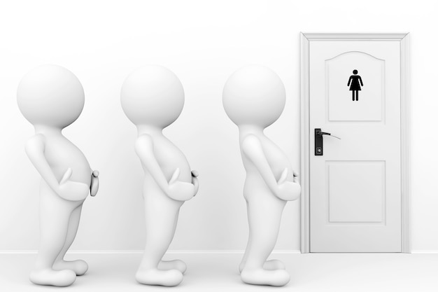 3Dの女性はトイレの看板の前でトイレを待つ必要があります