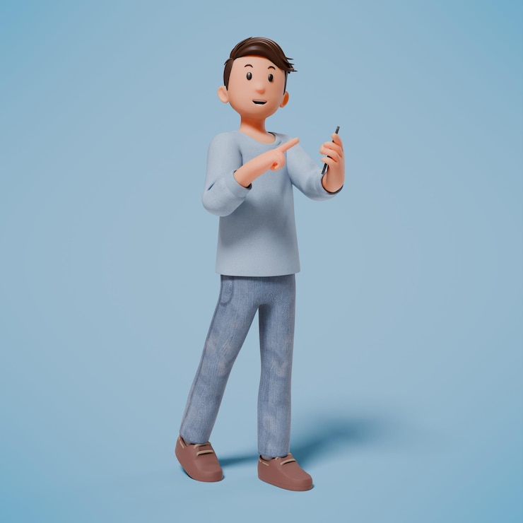 Foto 3d-persoon loopt terwijl hij naar zijn mobiele telefoon wijst