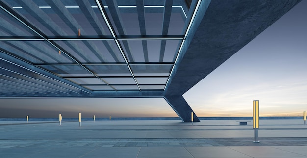 3D-perspectief van lege betonnen vloer en modern dakgebouw