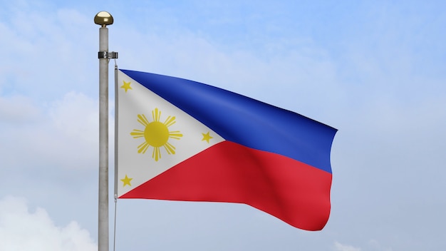 3D, Philippin flag waving on wind with blue sky and clouds. Philippine banner blowing smooth silk. Cloth fabric texture ensign background. Use it for national day and country occasions concept.