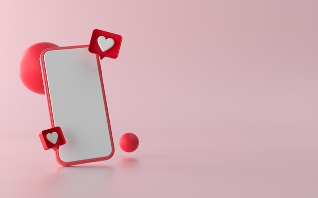 3D-иллюстрация телефона с социальными сетями, такими как кнопка уведомления