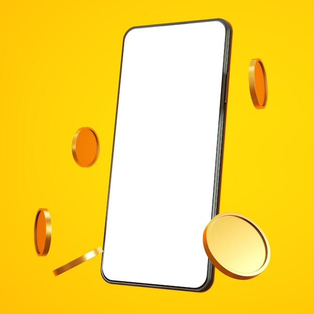3D-телефон с летающими золотыми монетами, символизирующими покупки в Интернете и онлайн-услуги