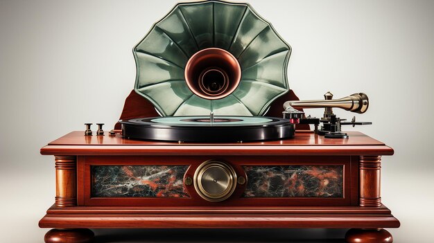 3d photo of a Antique gramophone with colorful vinyl record wallpaper