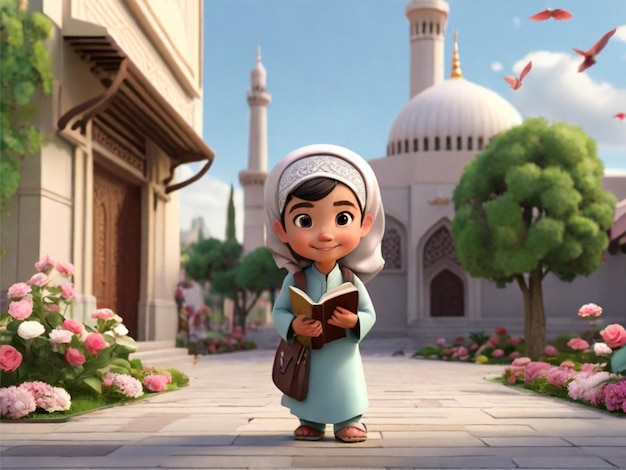 3D photo of a cute cartoon a Muslim child dressed in Islamic clothes carrying a Koran